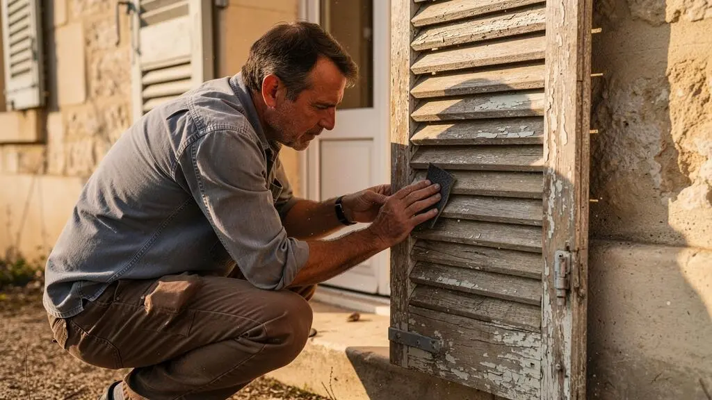 Homme ponçant un volet en bois ancien en préparation d'un traitement de rénovation