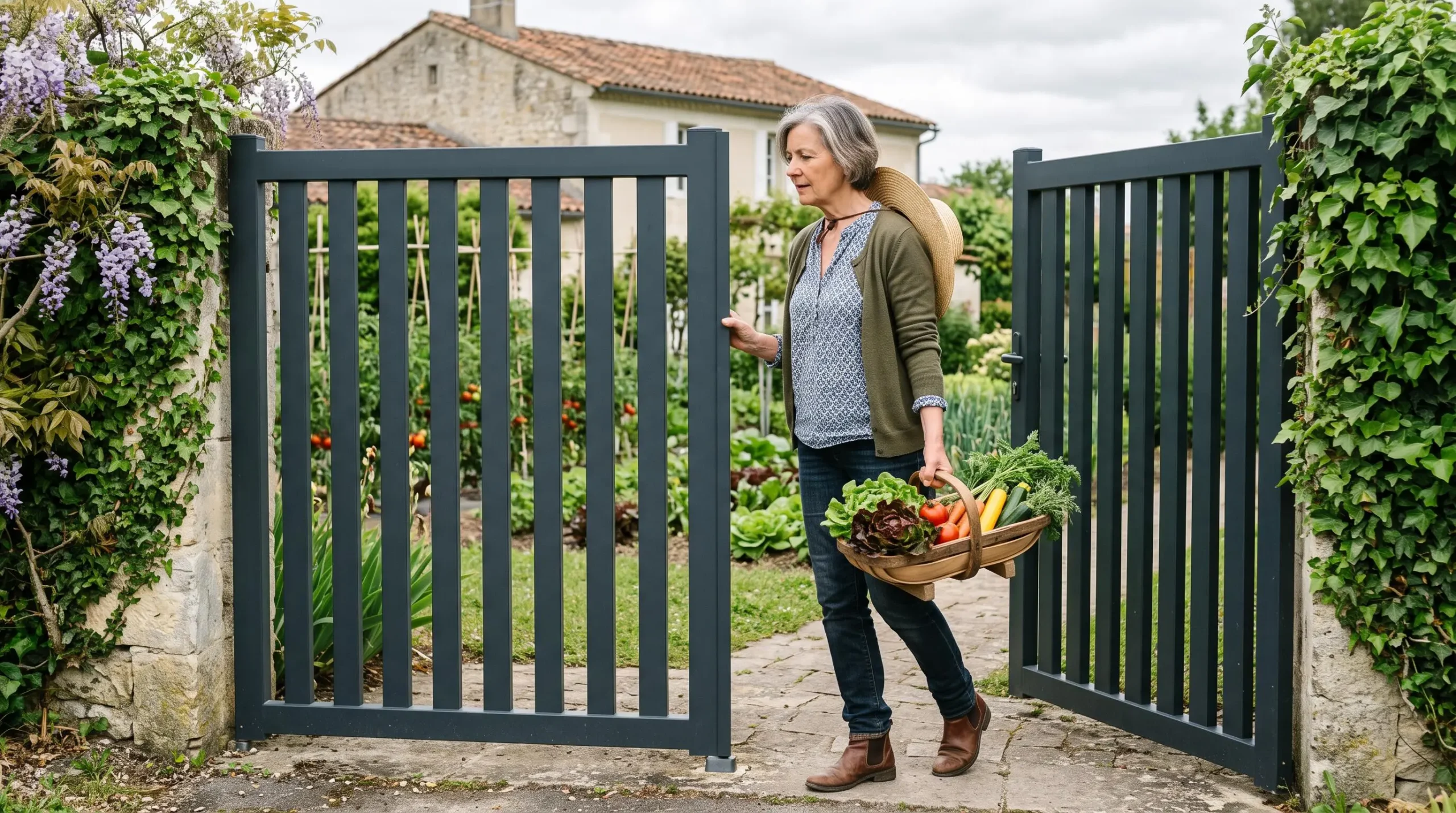 Portillon en aluminium blanc à lames verticales ajourées installé sur muret d'une propriété traditionnelle française, laissant voir la végétation du jardin à travers les barreaux