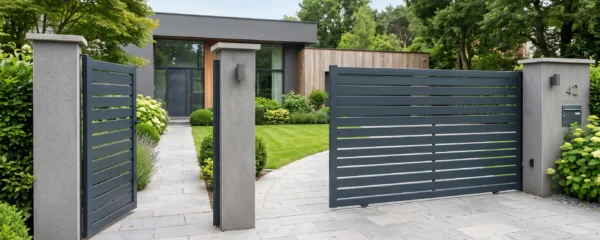Entrée de propriété contemporaine française avec portillon et portail en aluminium gris anthracite à lames horizontales semi-ajourées, allée pavée et façade moderne en arrière-plan