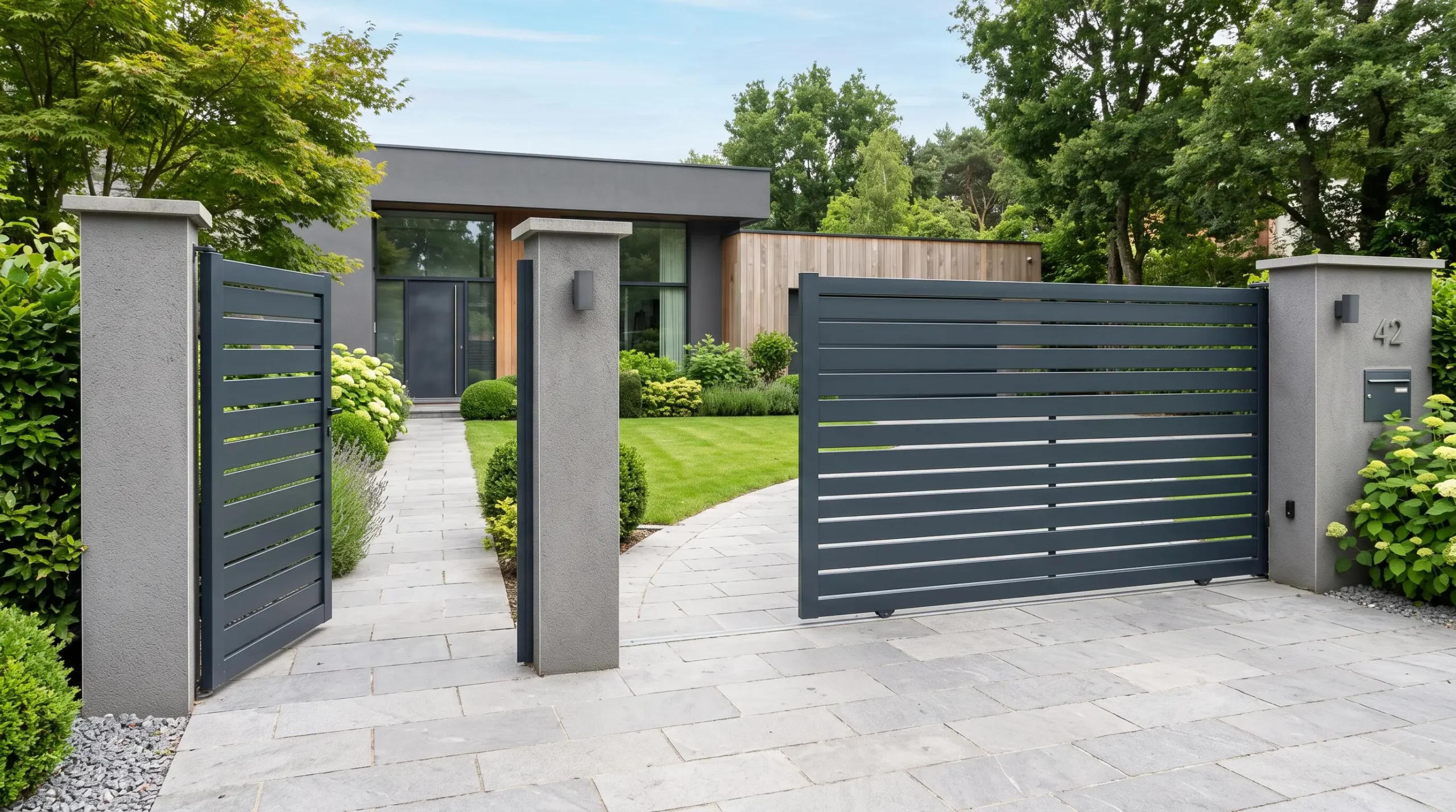 Entrée de propriété contemporaine française avec portillon et portail en aluminium gris anthracite à lames horizontales semi-ajourées, allée pavée et façade moderne en arrière-plan