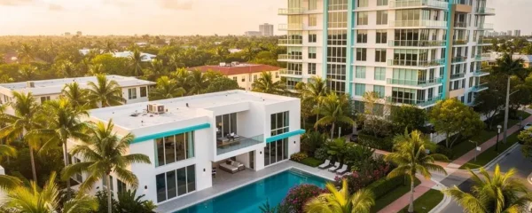 Vue élevée d'un quartier résidentiel de Miami montrant une villa individuelle moderne avec piscine privée au premier plan et un immeuble de condominiums contemporain en arrière-plan.