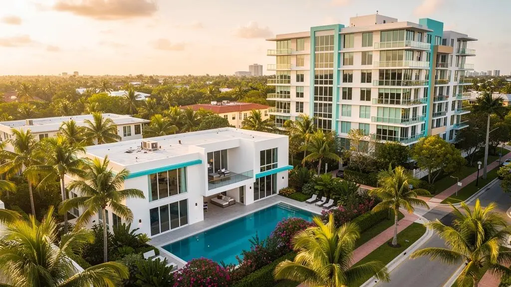 Vue élevée d'un quartier résidentiel de Miami montrant une villa individuelle moderne avec piscine privée au premier plan et un immeuble de condominiums contemporain en arrière-plan.