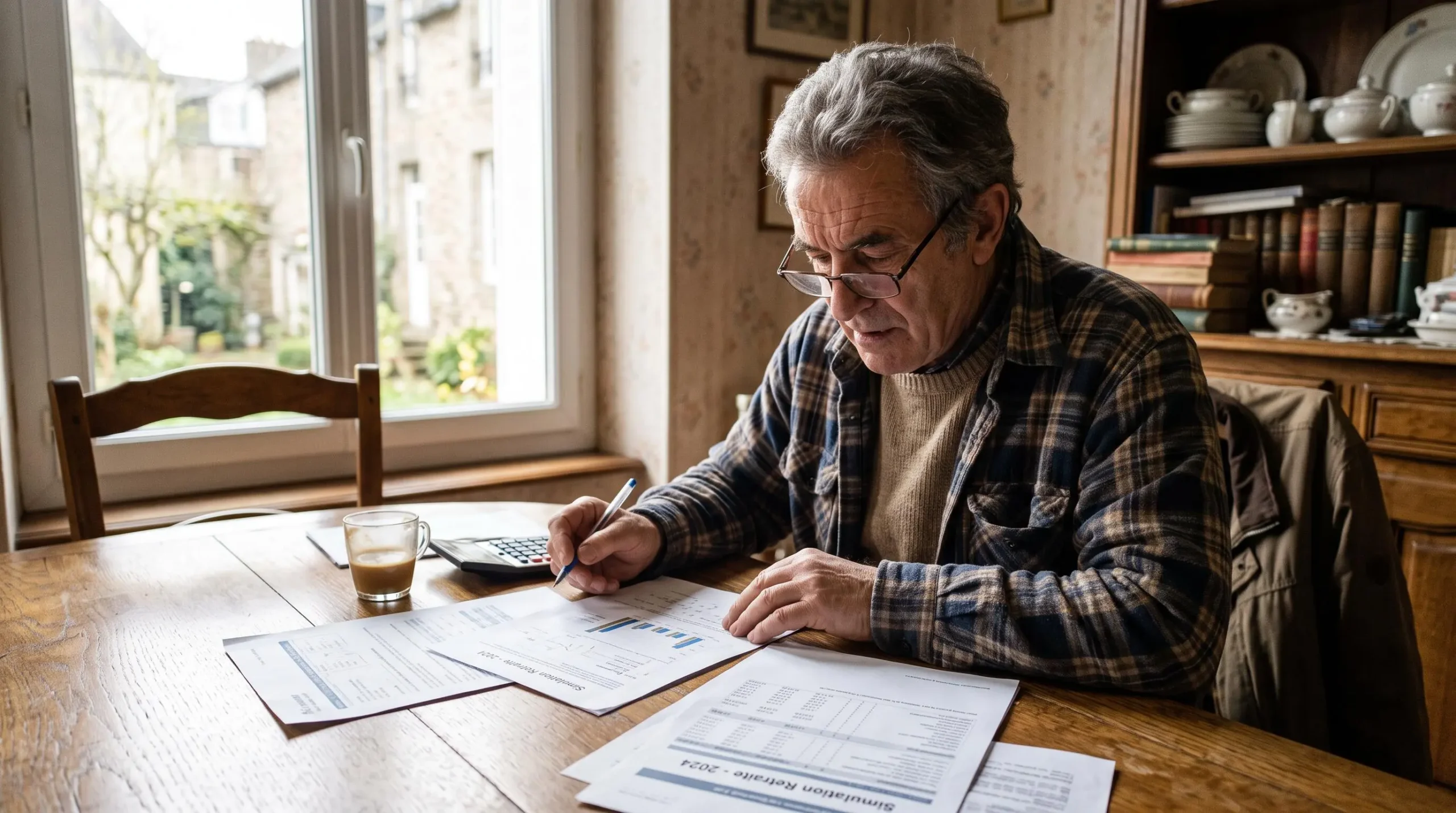 Homme senior consultant des documents de simulation fiscale retraite et des calculs à sa table à domicile