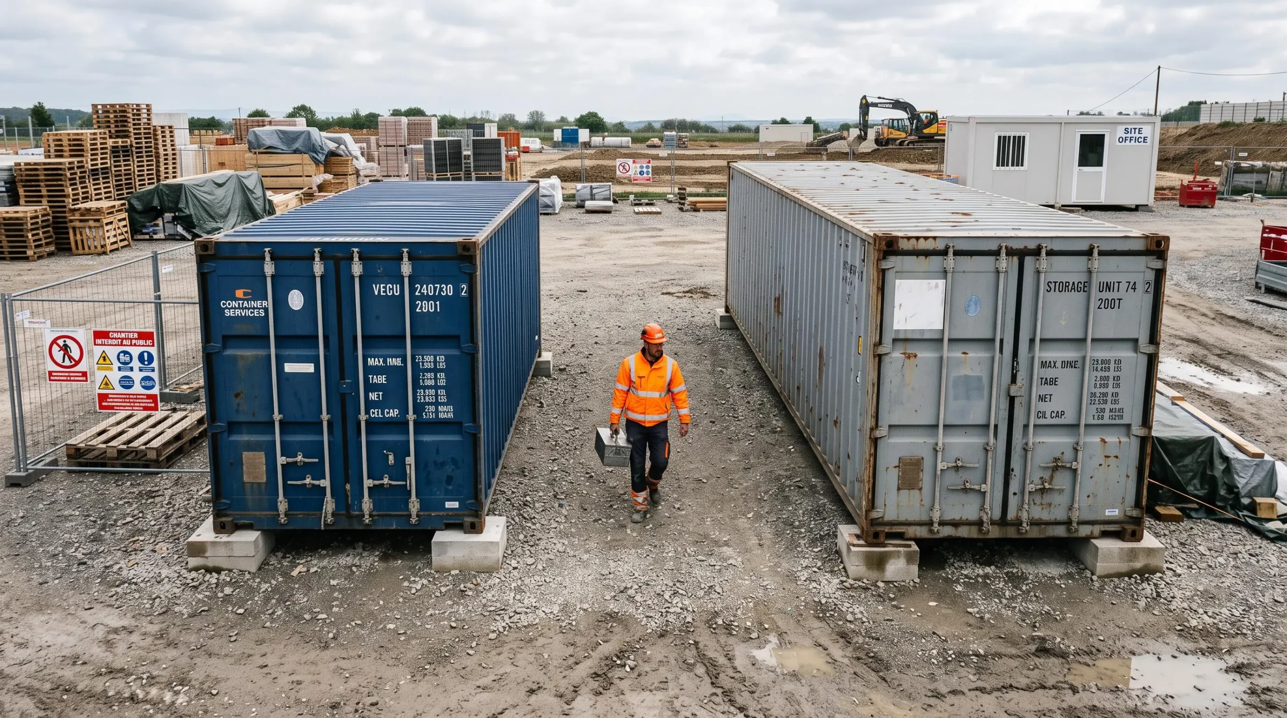 Vue d'ensemble d'un espace de stockage de chantier avec deux containers maritimes de tailles différentes, 20 pieds et 40 pieds, installés sur fondation