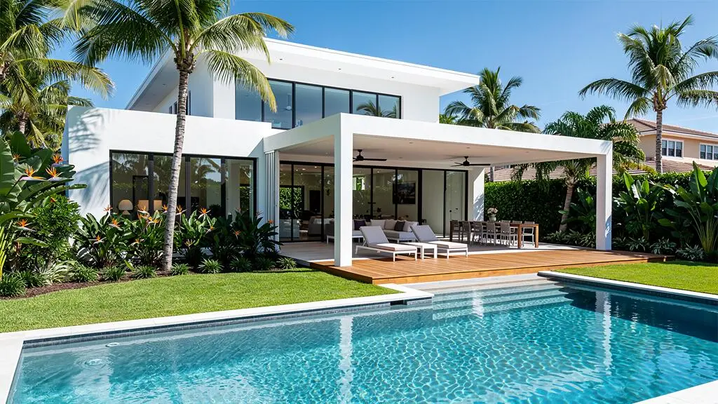 Villa moderne à Miami avec piscine privée, terrasse en bois et jardins tropicaux luxuriants avec palmiers.