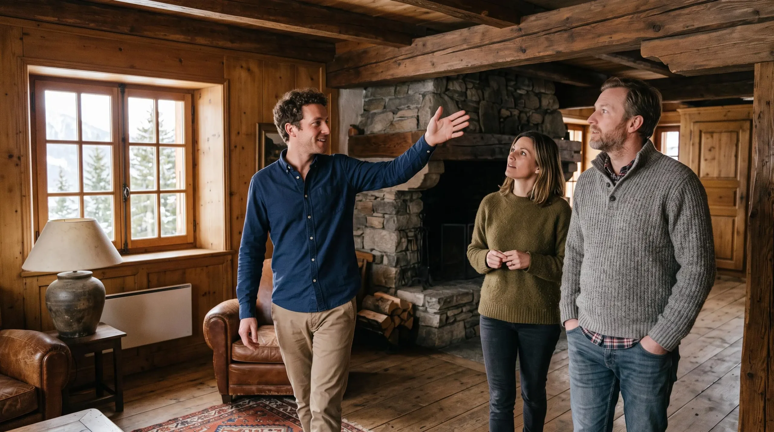 Un agent immobilier fait visiter le salon en bois d'un chalet à un couple d'acheteurs potentiels.