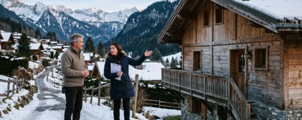 Une agente immobilière présente un chalet à son propriétaire devant une maison en bois dans un village de montagne en Haute-Savoie.