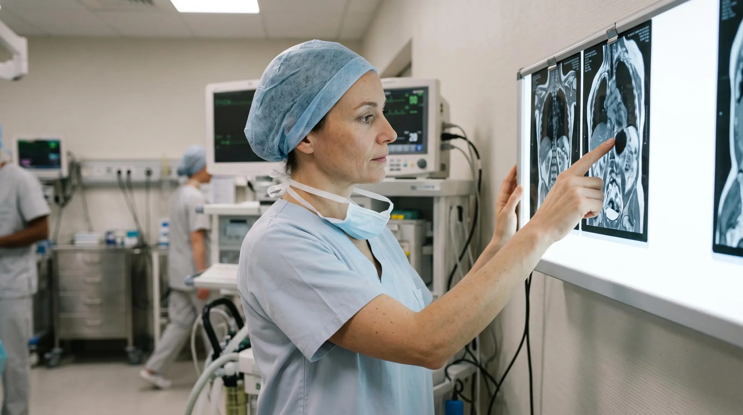 Specialized surgeon analyzing medical imaging on illuminated lightbox in professional clinical environment