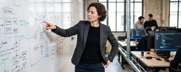 Chief Technology Officer analyzing technical system architecture diagrams on whiteboard in modern tech startup workspace