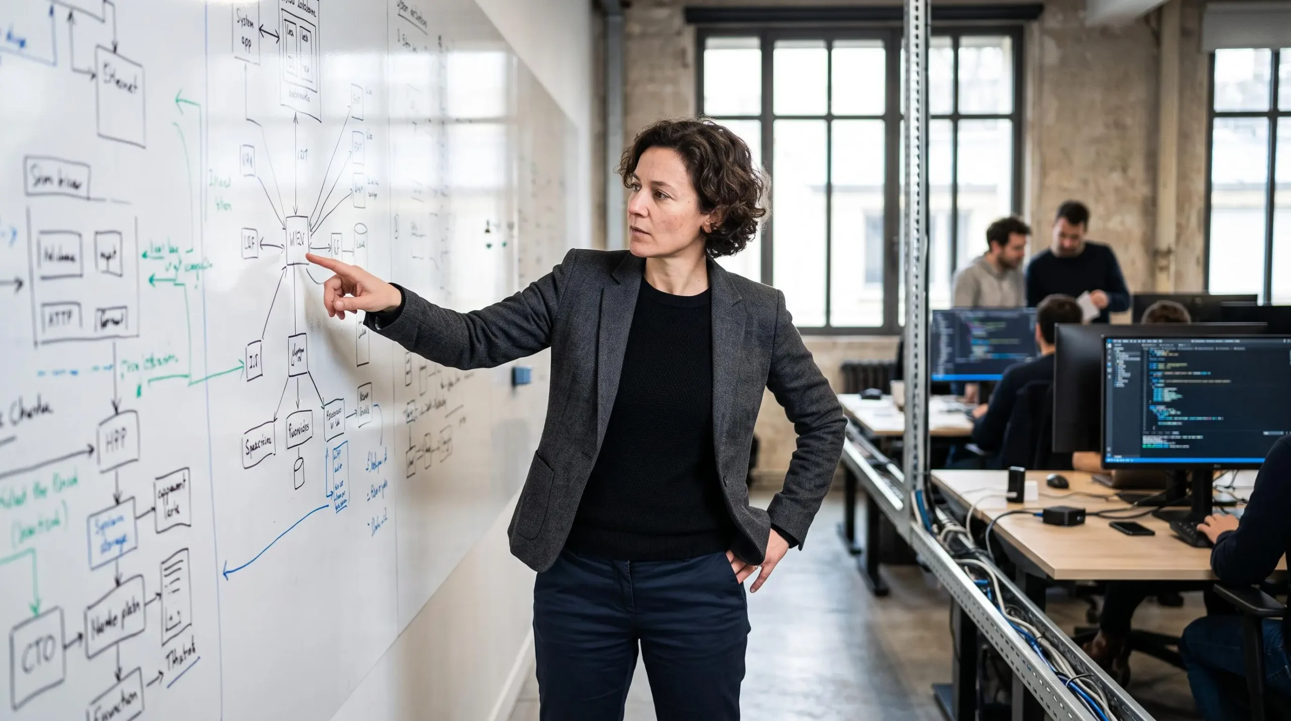 Chief Technology Officer analyzing technical system architecture diagrams on whiteboard in modern tech startup workspace