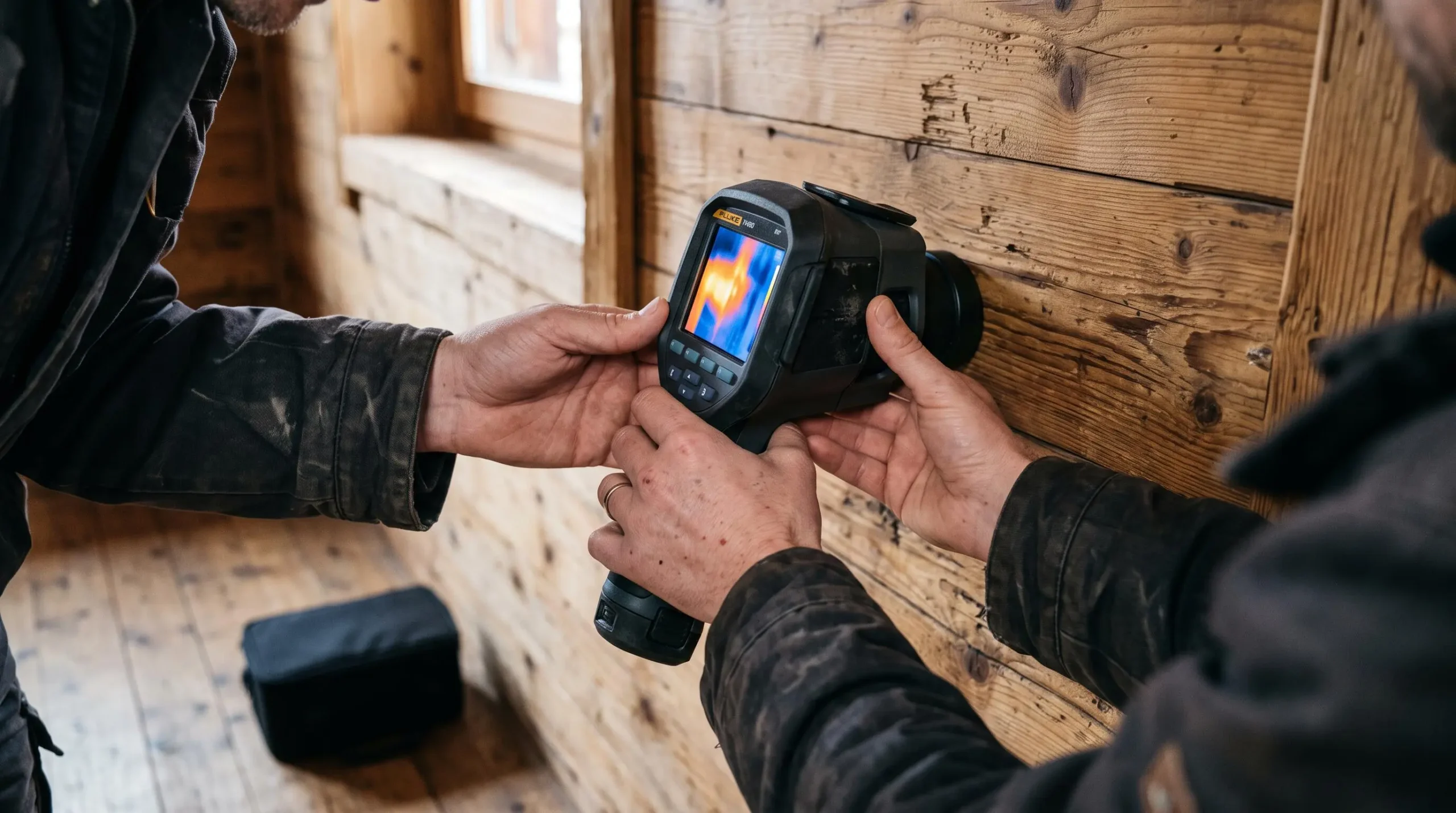 Un technicien mesure la température d'un mur en bois avec un appareil de mesure lors d'un diagnostic immobilier dans un chalet.