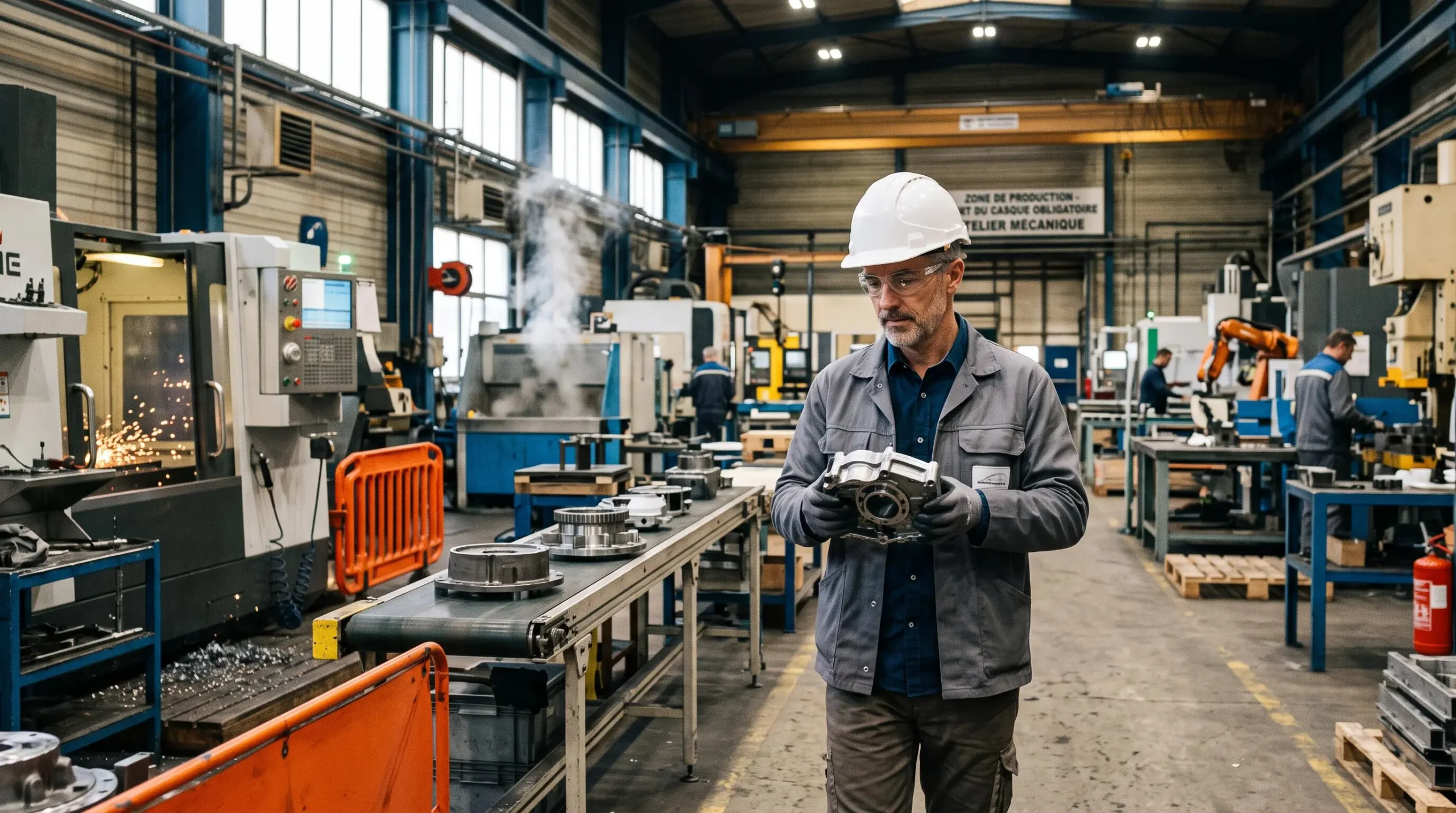 Industrial company director inspecting production equipment while walking through manufacturing workshop floor