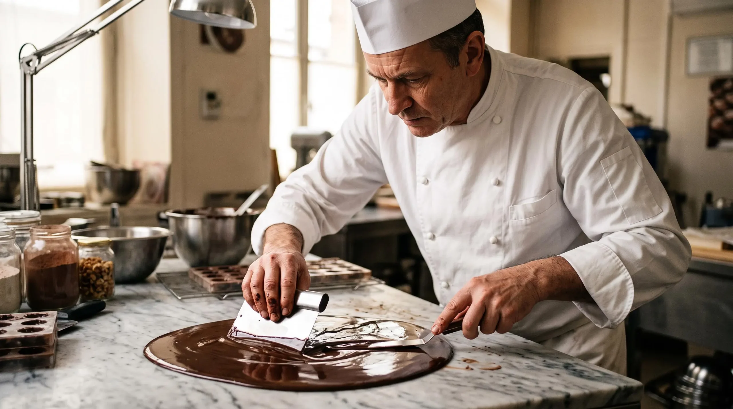 Master chocolatier tempering chocolate with precision on marble surface in professional laboratory workshop