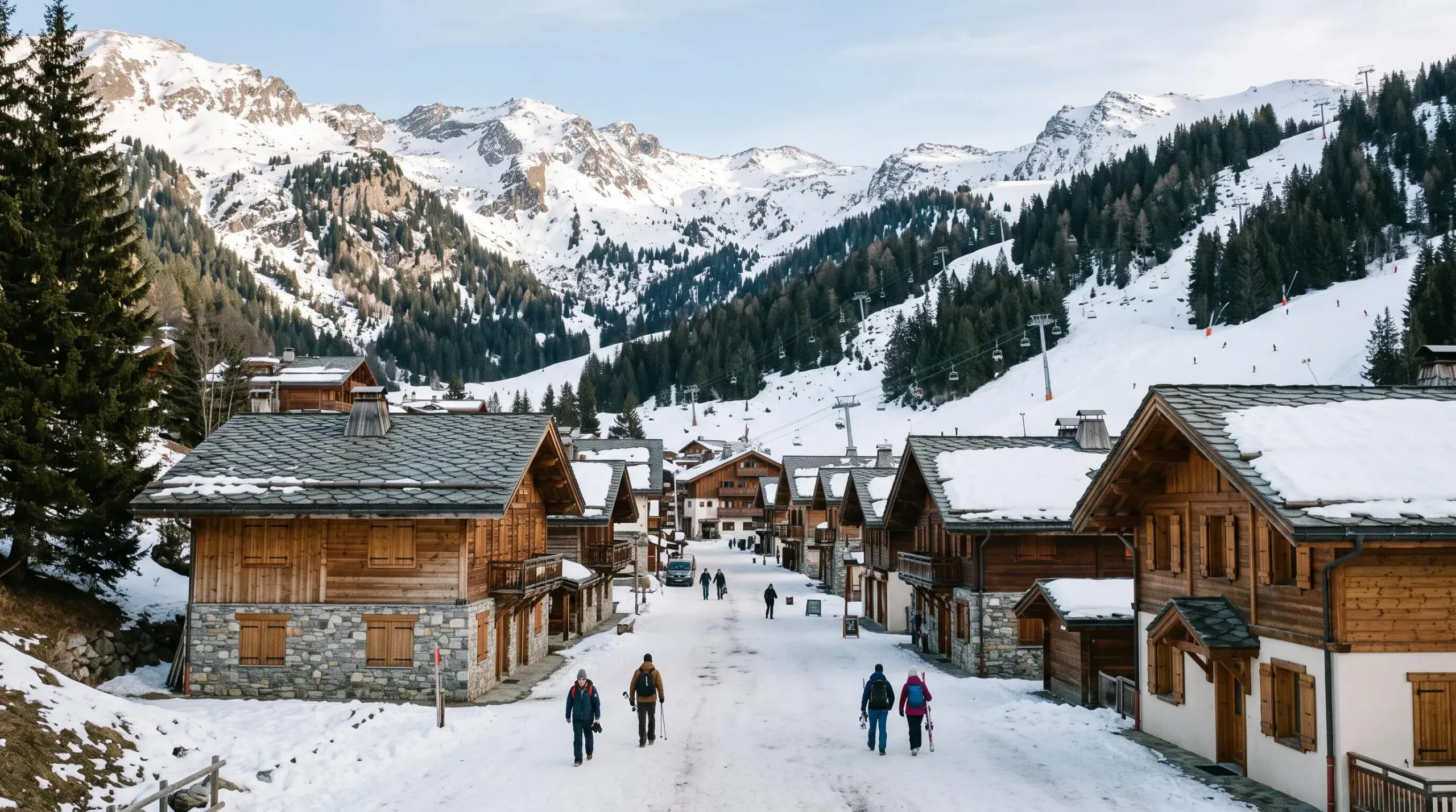 Vue générale d'un village de station de ski alpine en hiver avec des chalets, une rue calme et des pistes sur la montagne.